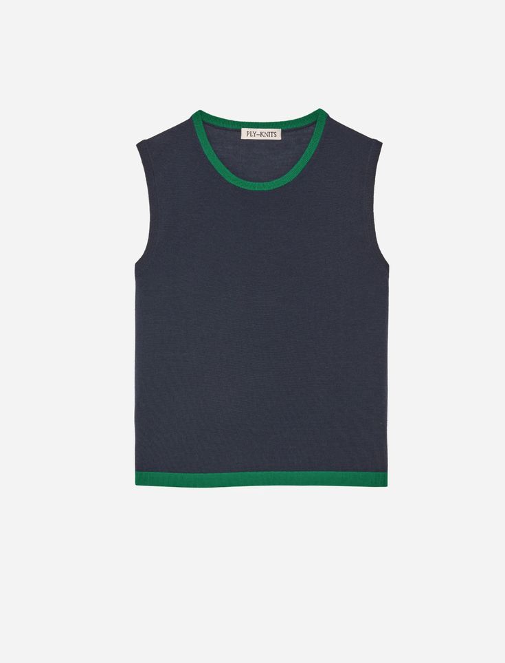 EMIL TOP IN COWBOY BLUES-BOP – Ply-Knits Classic Navy Knit Tops, Navy Crew Neck Top For Summer, Green Knit Top For Layering, Sporty Navy Top For Spring, Classic Blue Knit Tops, Blue Fine Knit Cotton Tops, Green Crew Neck Tank Top For Fall, Navy Crew Neck Top For Spring, Fitted Fine Knit Green Tops