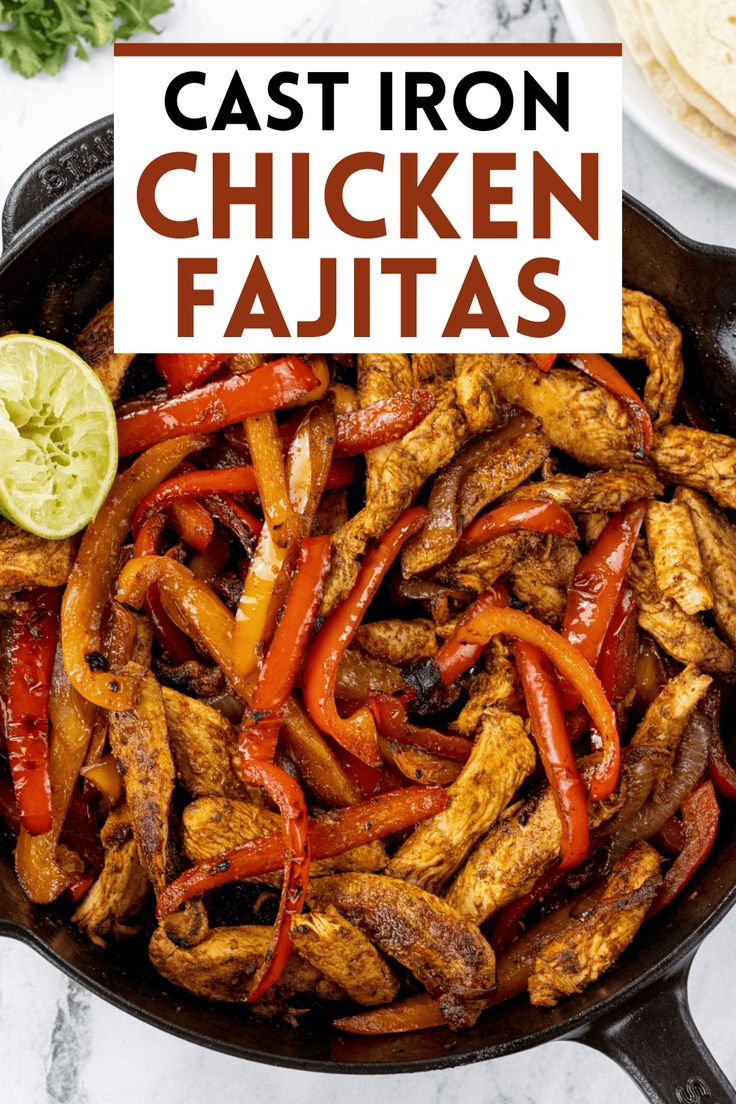 cast iron chicken fajitas in a skillet