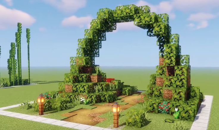 Minecraft Ideas Greenhouse, Minecraft Sever Ideas, Cute Minecraft Archway, Mincraft Archways, Minecraft Fairy Arch, Minecraft Village Entrance Ideas, Archway Minecraft Ideas, Minecraft Fantasy Decor, Minecraft Garden Arch