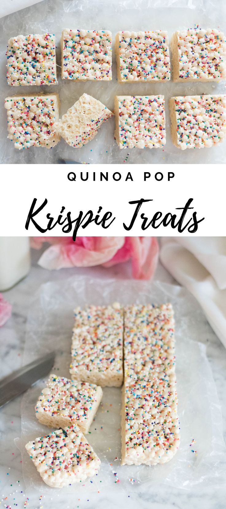 quinoa pop krispie treats with sprinkles on the top and bottom