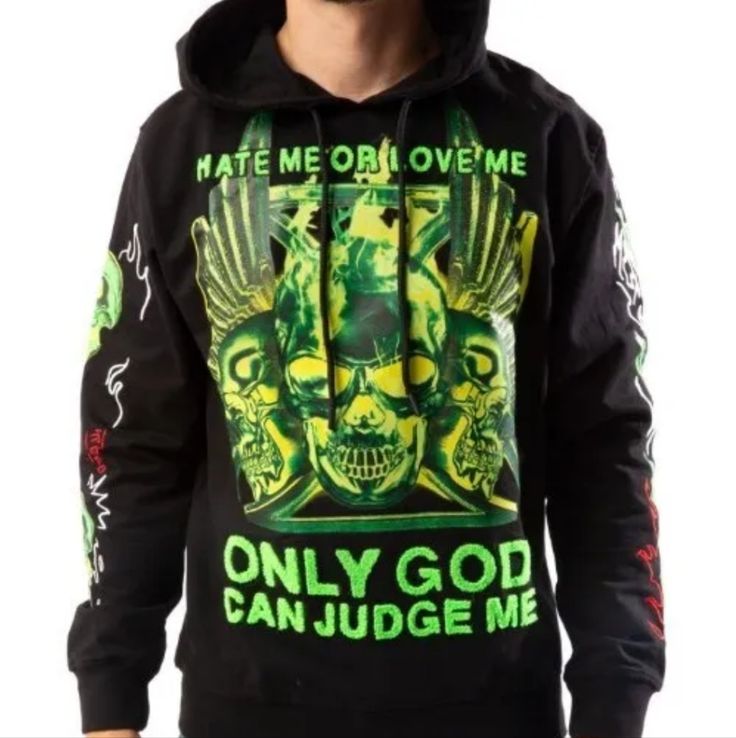 New Maison Noir Judgement Hoodie Love Me Or Hate Me Only God Can Judge Me Skull Flames Wings Embroidery Graphic Full Sleeve Graphic Hits Pullover Drawstring Hood No Pockets Long Sleeve Adult Unisex Men Size Med Chest 42" Casual Everyday Wear Spring Summer Winter Fall Hipster Grunge Preppy Goth Steampunk Punk Skater Surfer Camping Beach Bonfire Boho Hippie Gyspy Festival Streetwear All Over Print Graphics Halloween Urban Hooded Sweatshirt With Skull Print, Long Sleeve Hoodie With Skull Print For Streetwear, Urban Skull Print Hoodie Sweatshirt, Punk Skull Print Sweatshirt For Streetwear, Punk Sweatshirt With Skull Print For Streetwear, Alternative Style Skull Print Hoodie, Urban Skull Print Hoodie For Streetwear, Punk Long Sleeve Hoodie With Skull Print, Alternative Long Sleeve Hoodie With Skull Print