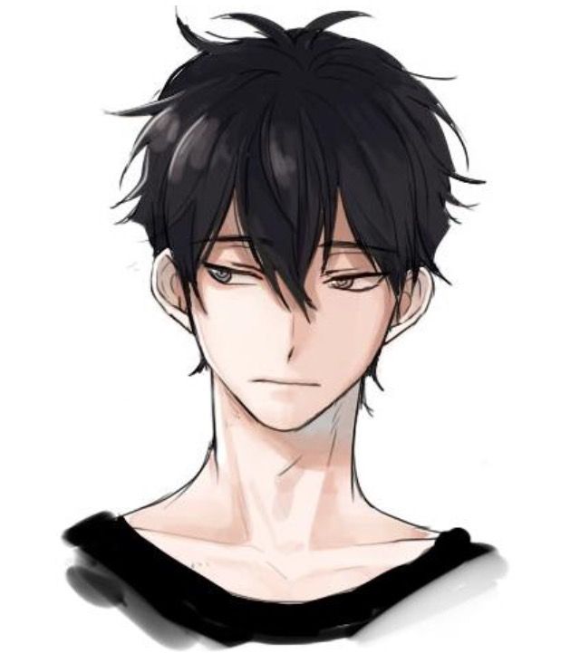 an anime character with black hair wearing a black shirt and white collared t - shirt