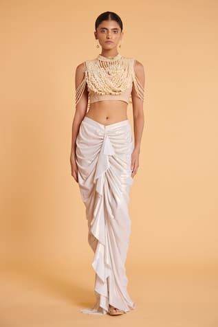 Ivory gajra and pearl embroidered sheer blouse in net base. - Aza Fashions White Fitted Top With Traditional Drape, White Fitted Tops With Traditional Drape, Pearl Embroidered Saree Blouse Piece, Traditional Sleeveless Top With Pearl Embroidery, Party Sleeveless Blouse Piece With Pearl Embroidery, Fitted Sleeveless Blouse With Pearl Embroidery, Wedding Sleeveless Blouse Piece With Pearl Embroidery, Sleeveless Blouse Piece With Pearl Embroidery, White Fitted Pre-draped Saree With Pearl Embroidery