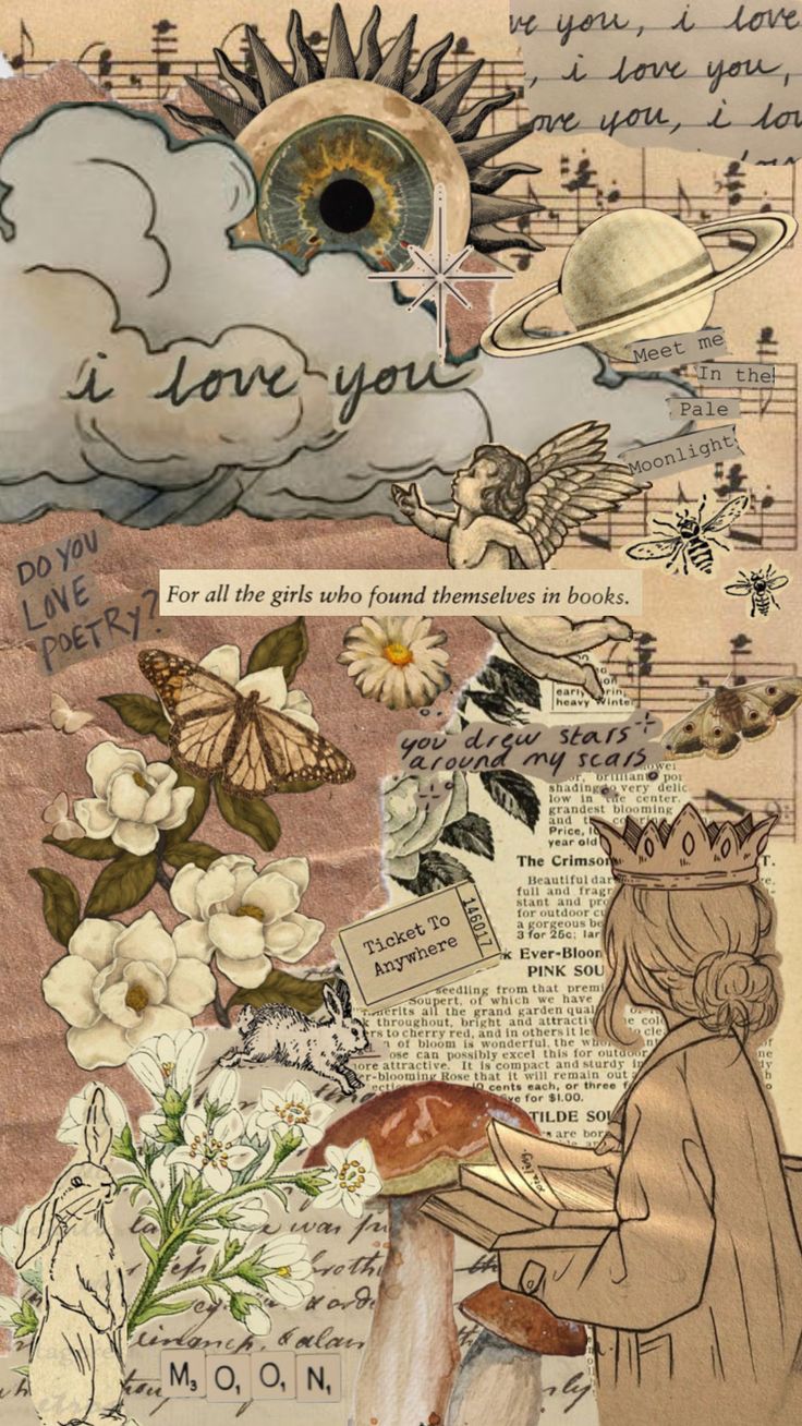 an altered collage with flowers, clouds and words on it's paper background