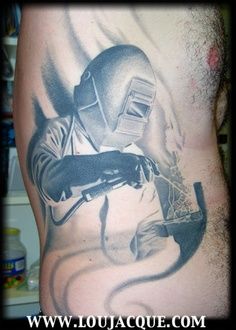 tattoos Lou Jacque welding welder mask tattoo black grey Welding Tattoo For Women, Weld Tattoos, Welding Tattoo Ideas For Men, Welder Tattoo, Welding Tattoo, Tattoo Over Scar, Mask Tattoo, Modern Tattoos, Face Tattoos