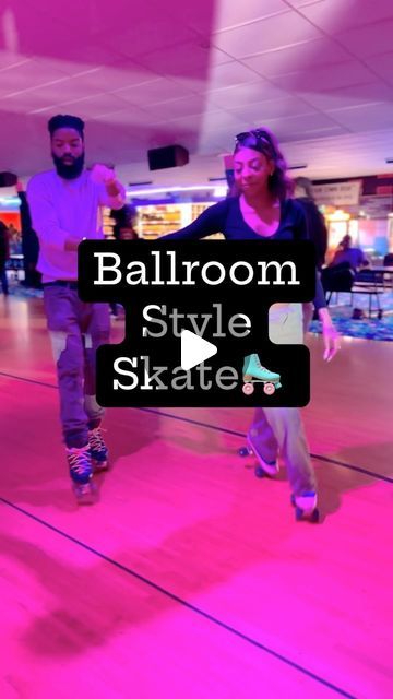 two people on skateboards in a room with pink lighting and the words ballroom style skates