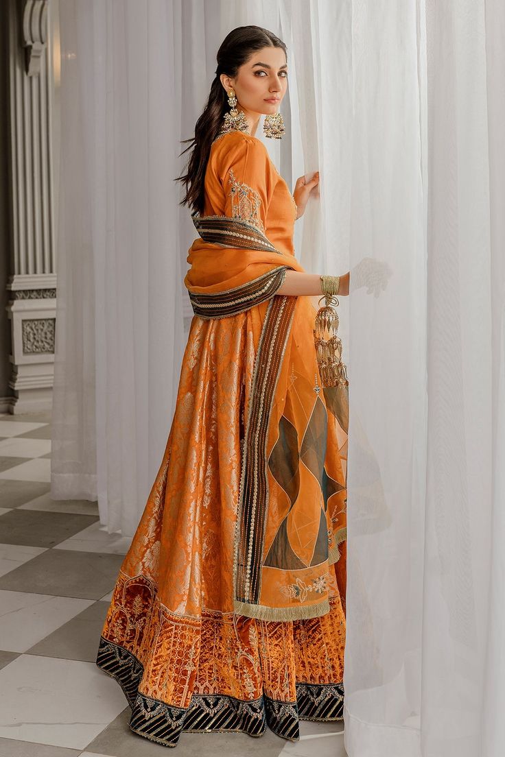 Organza Styles, Beautiful Frocks, Mustard Orange, Embroidered Patterns, Organza Shirt, Pakistani Wedding Dress, Festive Look, Organza Dupatta, Organza Fabric