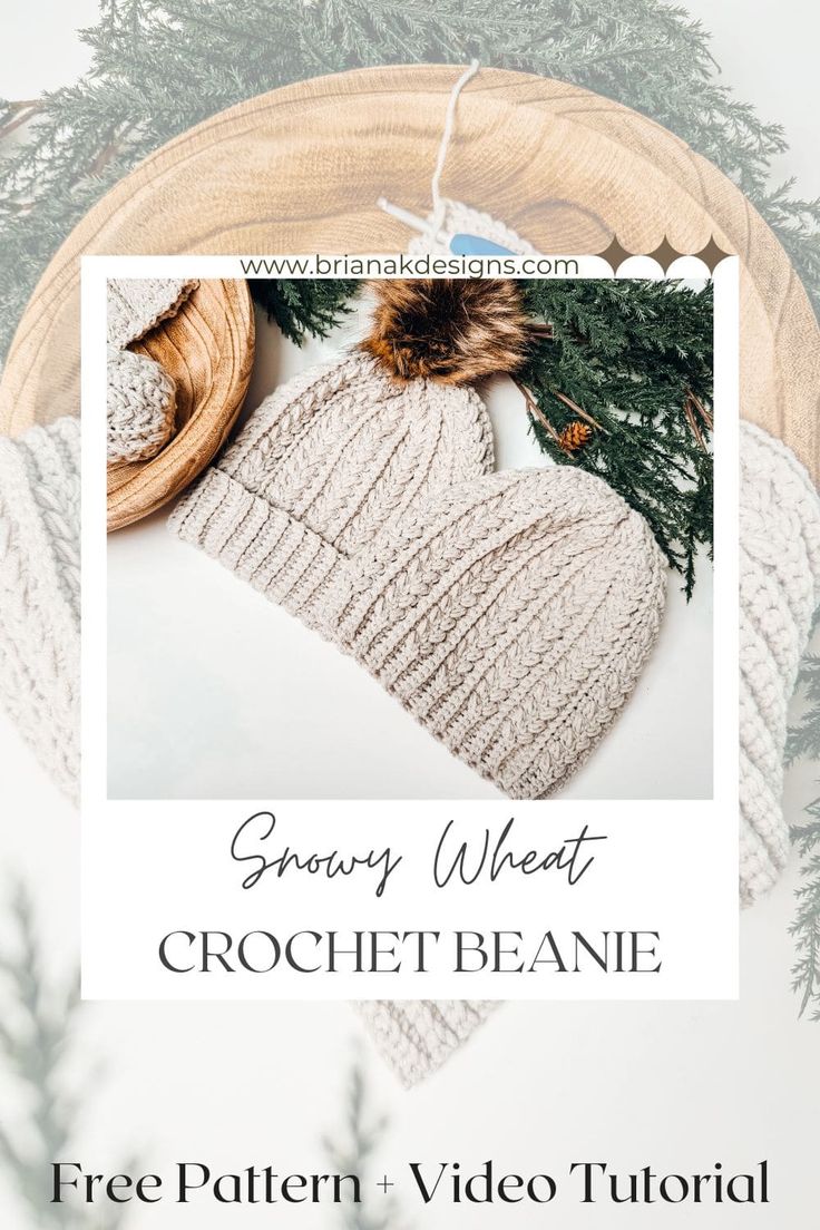 a white knitted hat with pine cones on top and text overlay that reads, snowy weather crochet beanie free pattern + video tutor