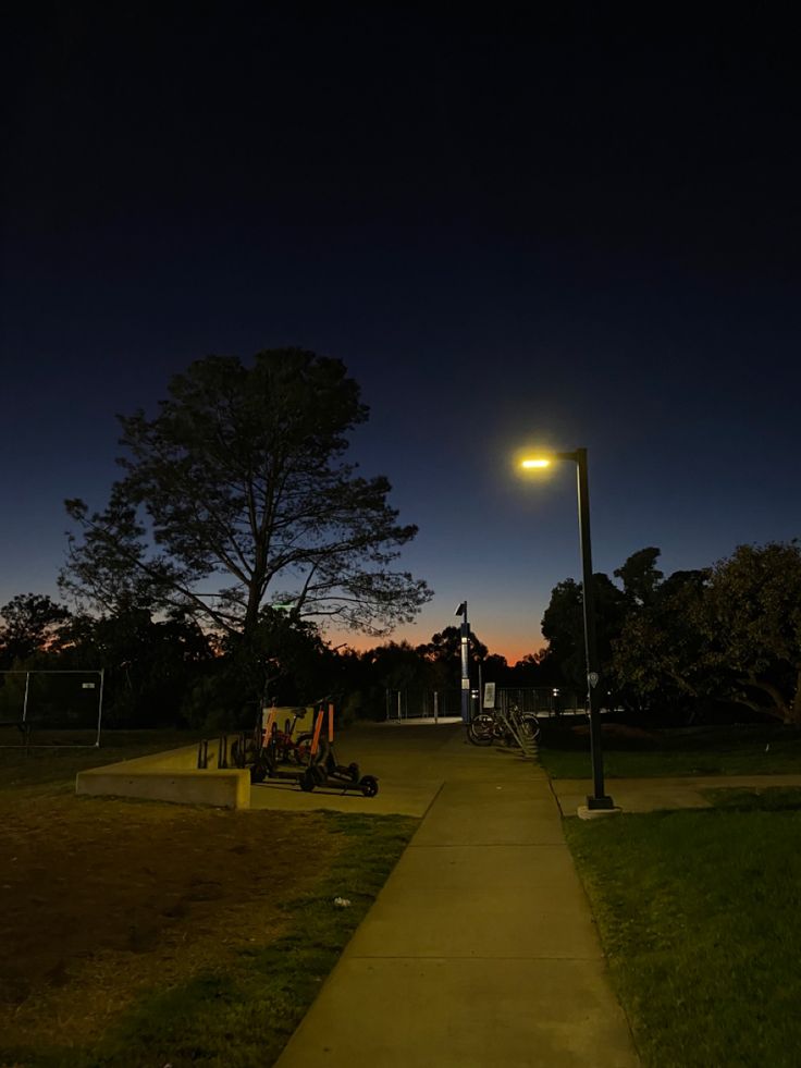 an empty sidewalk in a park at night with street lights and trees on the other side