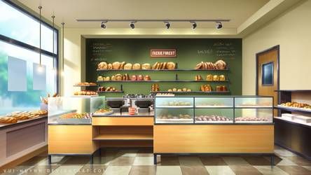 a bakery filled with lots of pastries and donuts on display in front of large windows