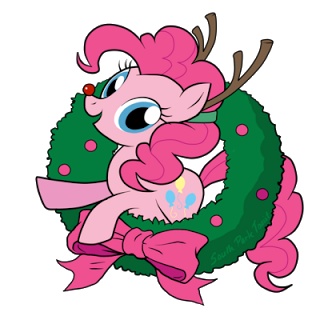 a pink pony sitting on top of a green wreath with horns and bows around its neck