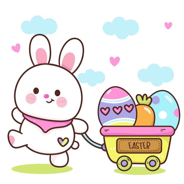 a cartoon bunny pushing a wagon with eggs in it and an easter egg on the back