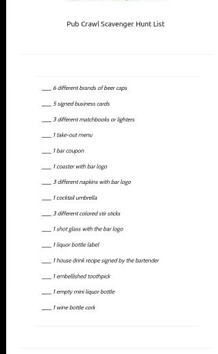 the pub crawl scavenger hunt list is shown in black and white, with text below it