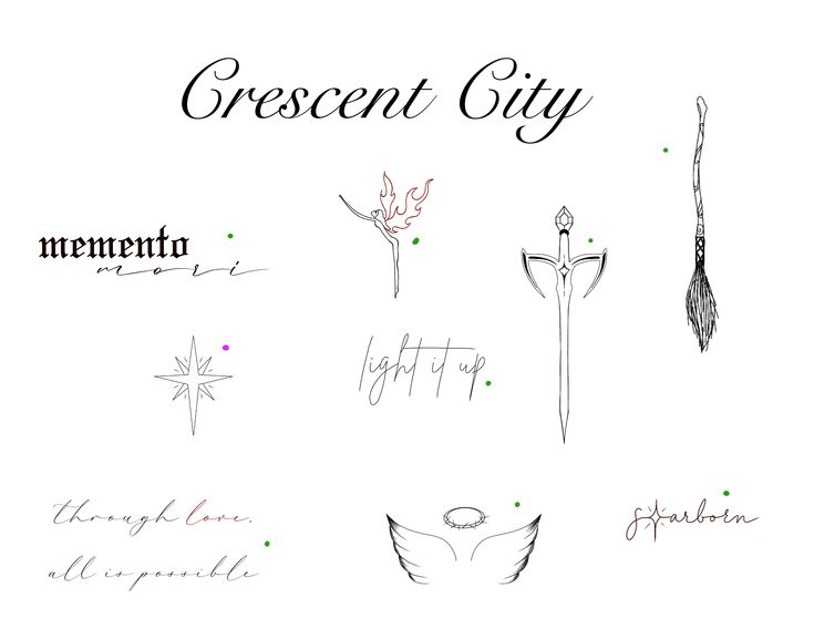 an image of different types of tattoos on a white background with the words crescent city written in cursive writing