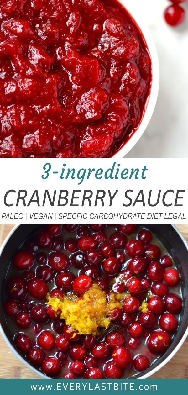 cranberry sauce in a bowl and on the side with text overlay that reads 3 ingredient cranberry sauce