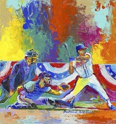 an oil painting of baseball players in the batter's box and american flag background