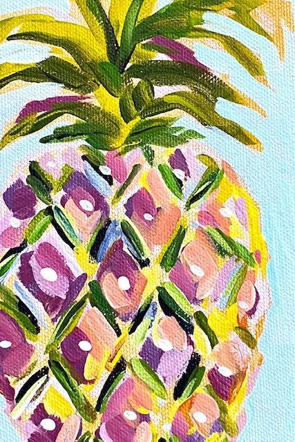 a painting of a pineapple on a blue background with pink and yellow squares around it