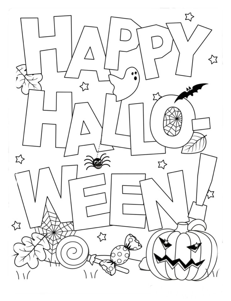 happy halloween coloring page with pumpkins and bats