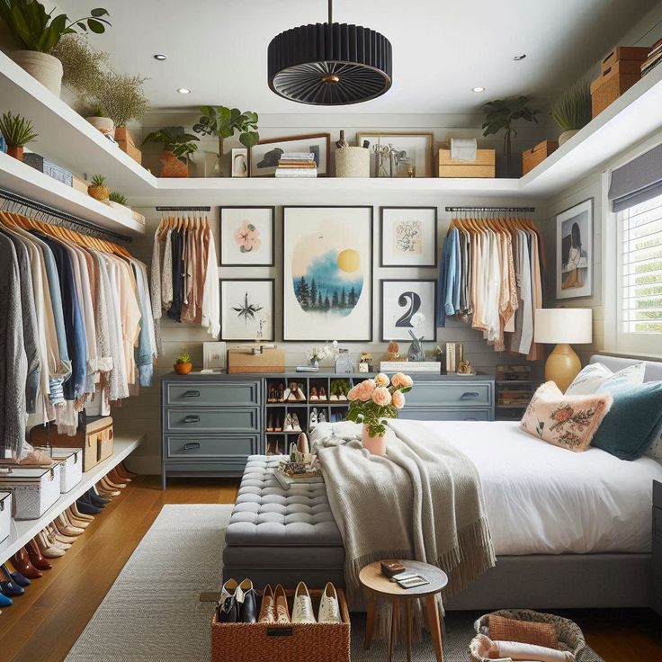 a bedroom with lots of closet space and pictures on the wall above the bed,