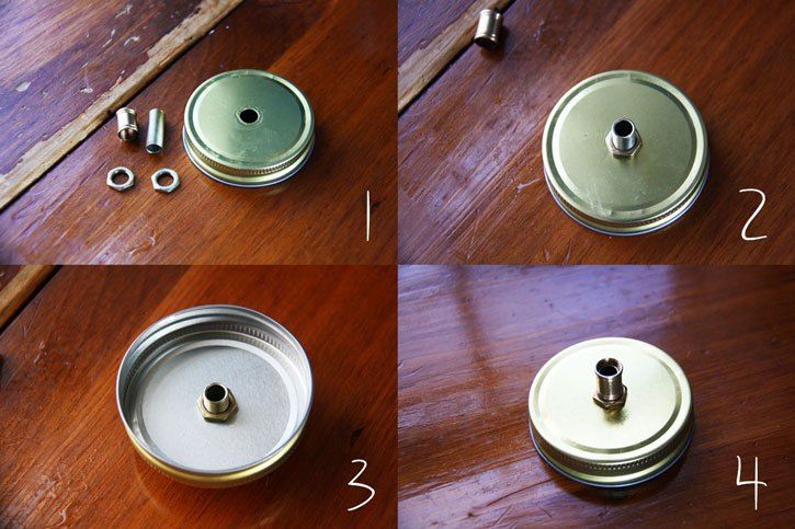 four pictures showing the steps in how to make a cabinet door knob with metal parts