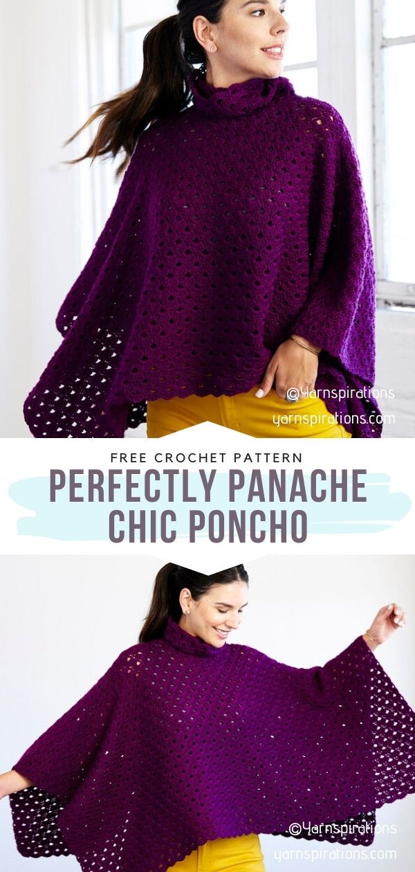 a woman wearing a purple crochet poncho with the text, free croche