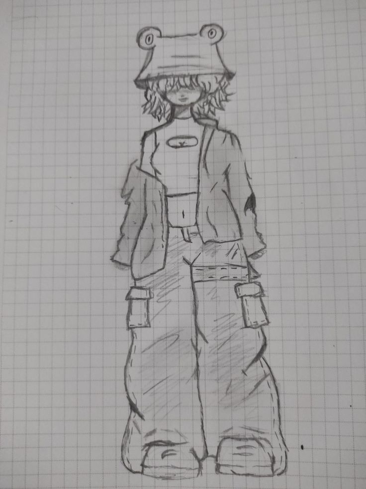 a drawing of a person in overalls and a hat