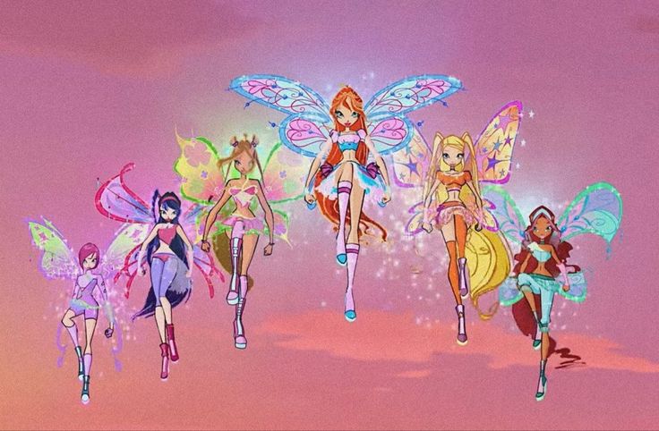 the four fairy princesses are all wearing different outfits and standing in front of a pink background