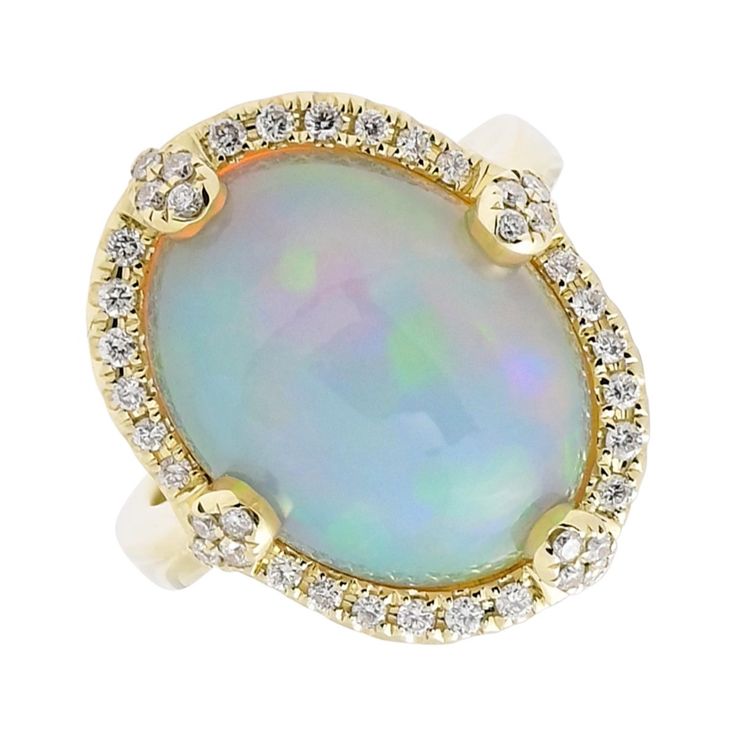 The mesmerizing color shift of opal takes center stage in this oval opal ring in yellow gold with diamonds. Oval Opal Ring, Brand Sale, Opal Ring, Center Stage, Opal Rings, Watch Brands, Womens Watches, Gemstone Jewelry, Opal