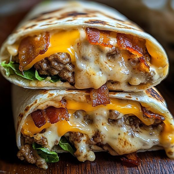 two burritos with cheese, bacon and lettuce stacked on top of each other