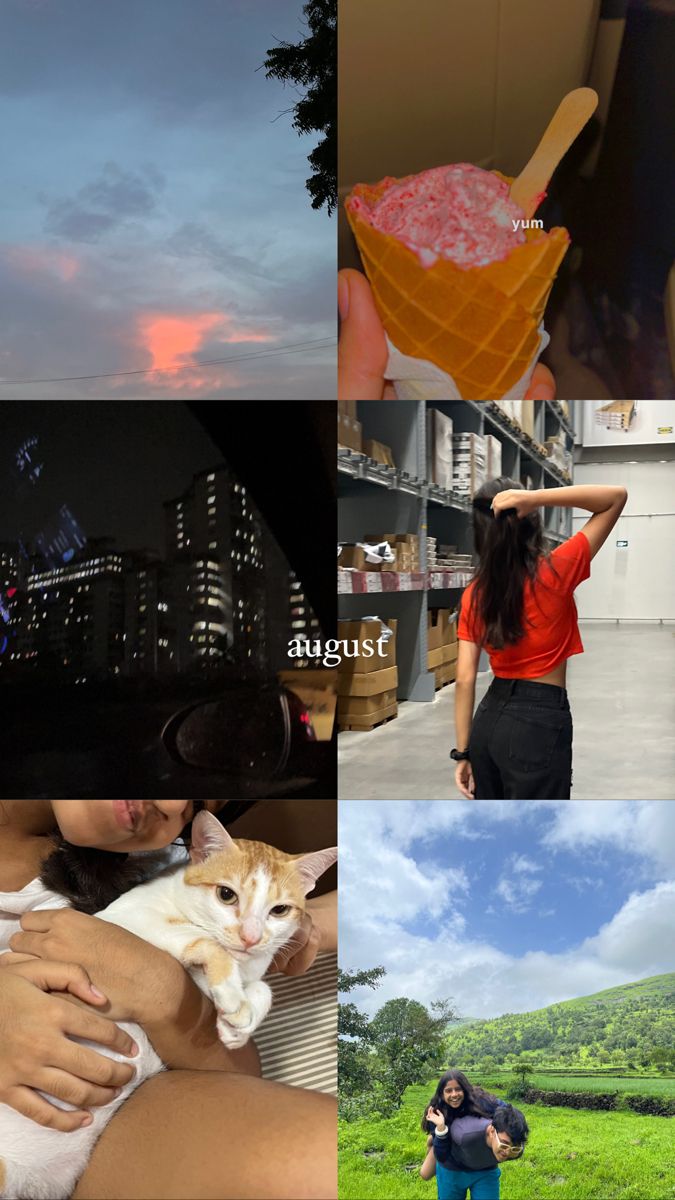 a collage of photos with people and cats