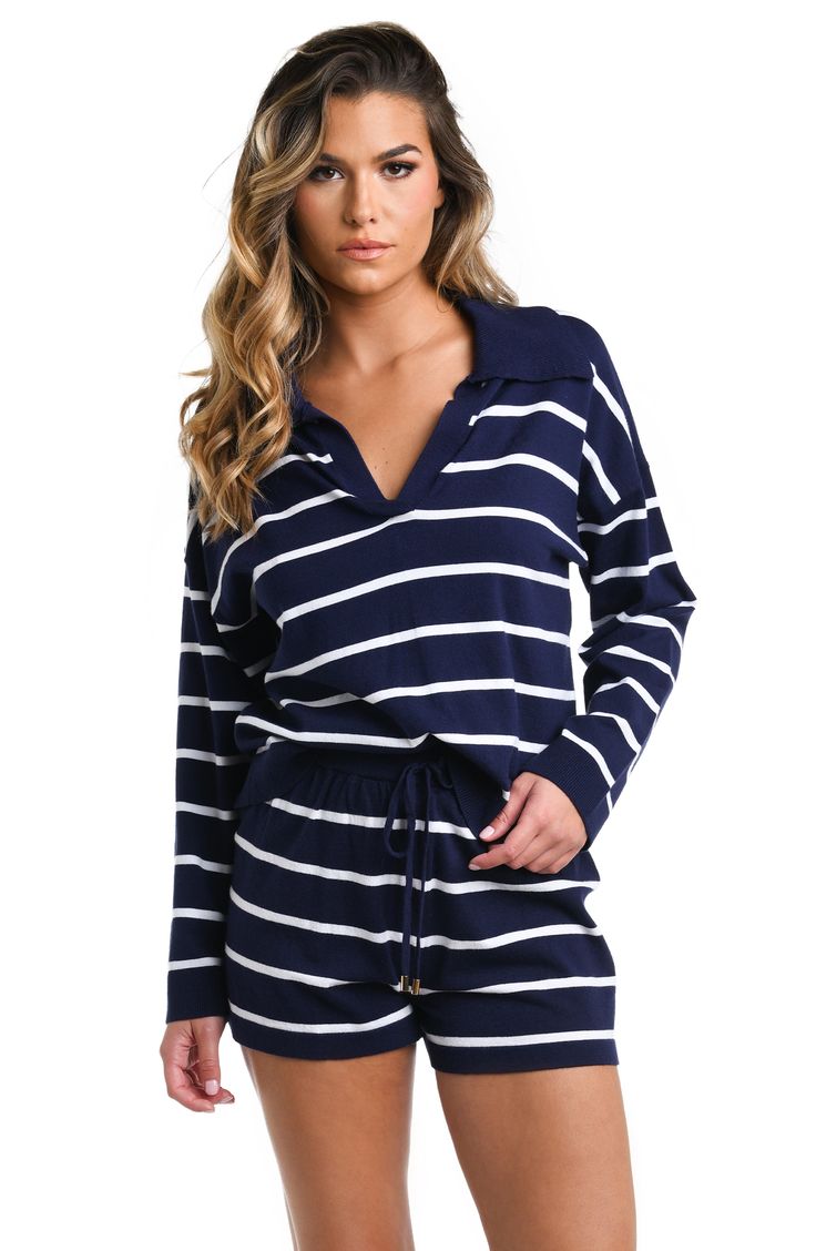 A johnny collar tops this striped cover-up top rendered in an oversized fit that's cool and casual. Johnny collar Long sleeves Viscose/polyester/nylon Hand wash, line dry Imported Navy Top With Striped Collared Neckline, Navy Tops With Striped Collar, Navy Tops With Striped Collared Neckline, Vertical Stripes Long Sleeve Top For Day Out, Navy Top With Striped Collar For Summer, Navy Tops With Striped Collar For Summer, Spring Collared Top With Contrast Stripes, Vertical Stripes Tops With Relaxed Fit For Vacation, Navy Long Sleeve Top With Striped Collar