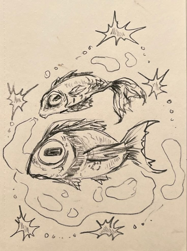 a drawing of two fish in the water