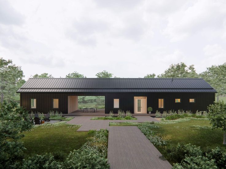 an artist's rendering of a modern house surrounded by trees and grass with a walkway leading to the front door