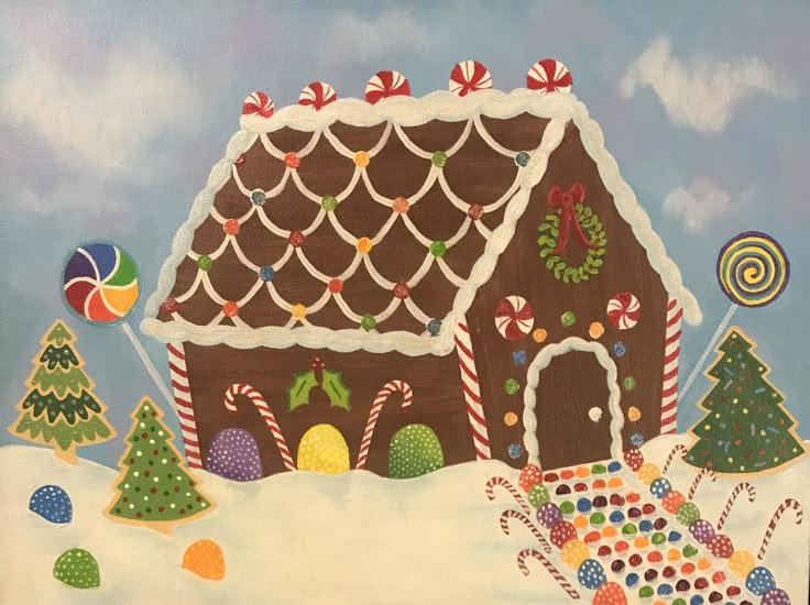 a painting of a gingerbread house with candy canes and candies on the ground