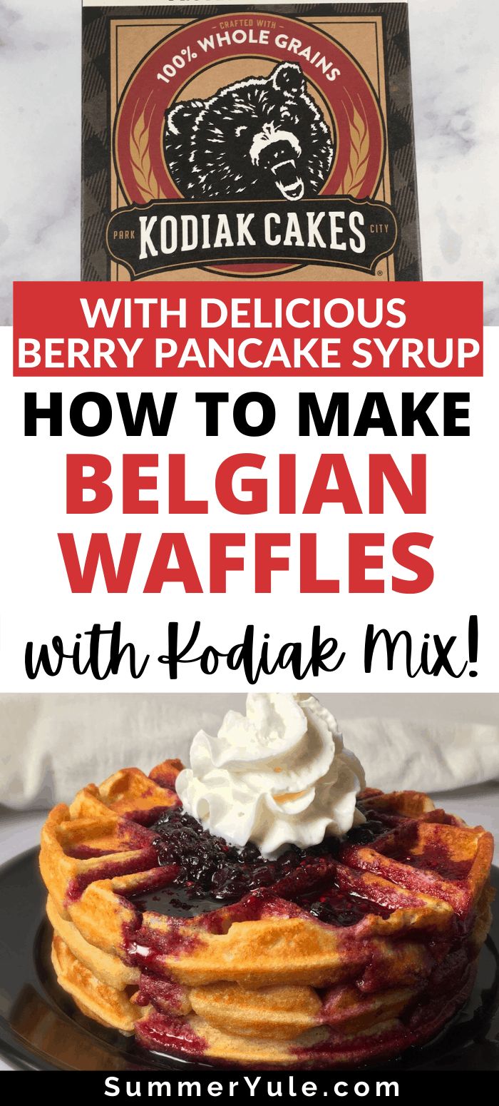 a stack of waffles with whipped cream on top and the words homemade mixed berry pancake syrup let's make belgan waffles with kodiak mix