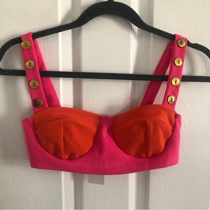 Brand New With Tags Neon Pink And Orange With Gold Buttons On The Straps Smoke Free Home Silver Tank Top, Ruffle Tube Top, Stretchy Crop Tops, Orange Crop Top, Navy Blue Tank Top, Embroidered Crop Tops, Velvet Crop Top, Corset Crop Top, Zara Crop Top