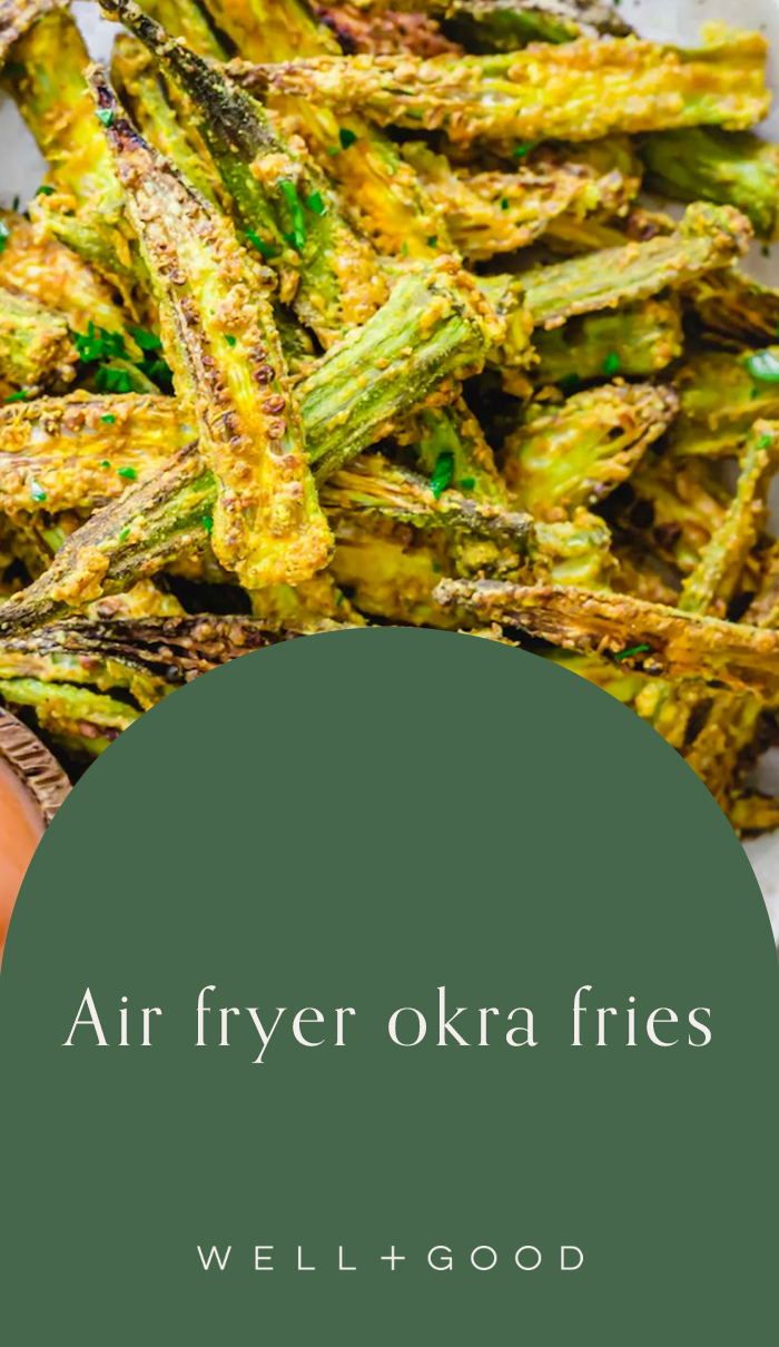 air fryer okra fries on a plate with an egg in the background and text overlay