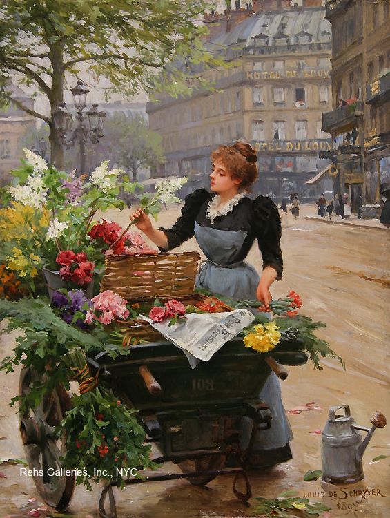 a painting of a woman selling flowers on the street