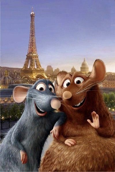 two cartoon mouses standing next to each other in front of the eiffel tower