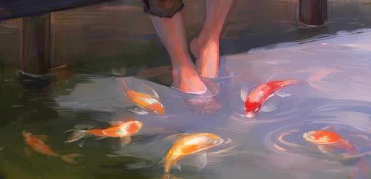 a painting of a person's feet standing in water with goldfish swimming around