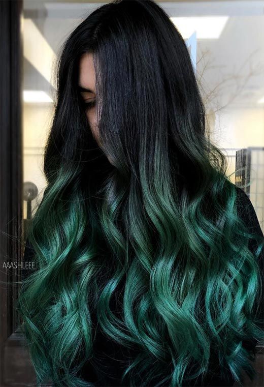 63 Offbeat Green Hair Color Ideas in 2020: Green Hair Dye Kits to Try Dark Brown Hair With Green Peekaboos, Dark Hair With Dark Green Highlights, Black Hair With Green Peekaboos, Forest Green Hair Highlights, Hunter Green Hair Color, Emerald Green Highlights In Black Hair, Dark Brown And Dark Green Hair, Ombré Green Hair, Long Black And Green Hair