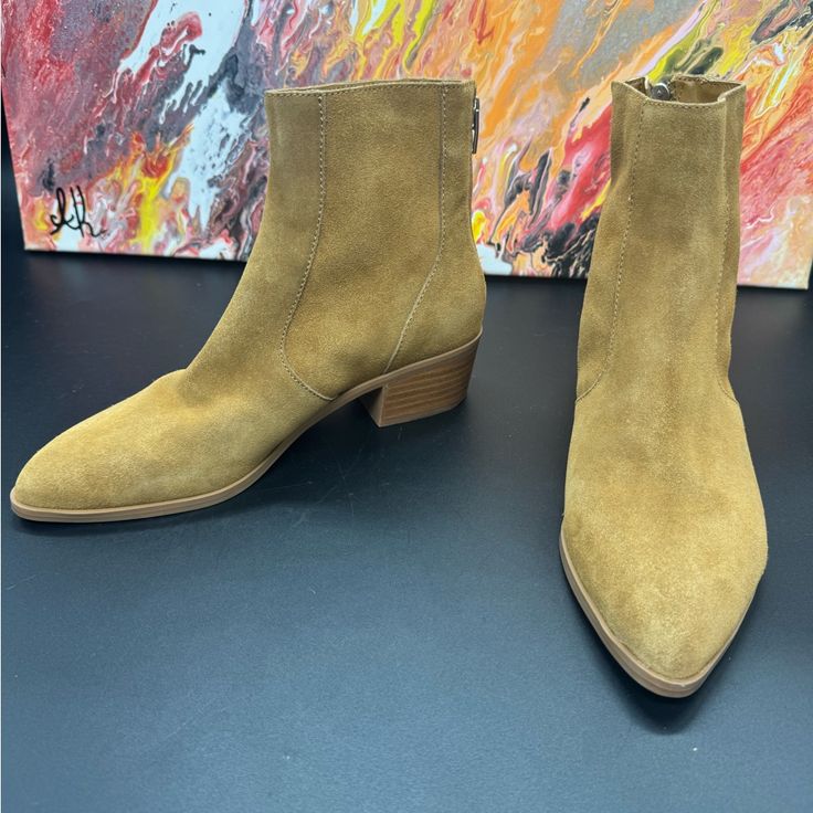 Suede Caramel Dolce Vita Avela Booties Size 7 Shoe-0016. Msrp 130 1" Heel, Pointed Toe, 6" Shaft Height, Back Zip Closure, Suede Upper/Synthetic Lining/Stacked Heel And Rubber Sole New Dolce Vita Avela Bootie, 2024 Fall Fashion Trend-, A Twist Of Western To A Classic Suede Bootie With Stacked Heel. Dolce Vita Shoes, Fall Fashion Trends, Suede Booties, Stacked Heel, Fashion Trend, Fall Fashion, Bootie, Bootie Boots, Rubber Sole