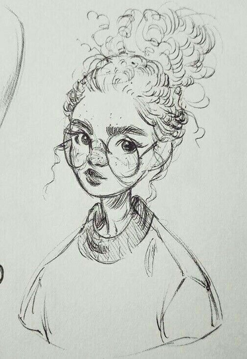 a drawing of a woman with curly hair and glasses