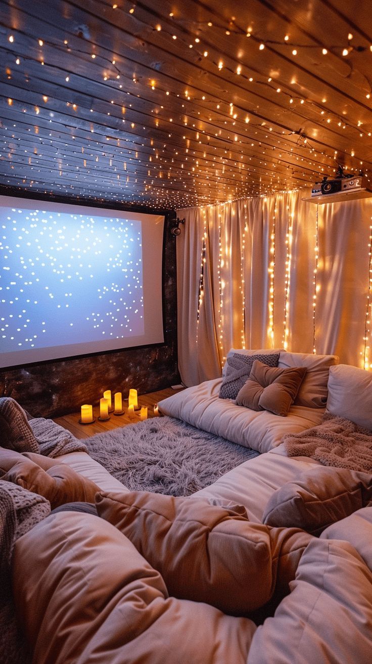 a bedroom with lights on the ceiling and a large bed in front of a projector screen