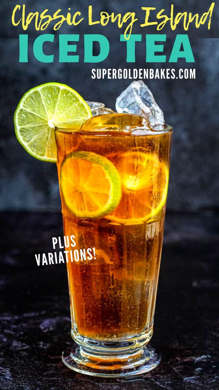 the classic long island iced tea is served in a tall glass with ice and lime slices