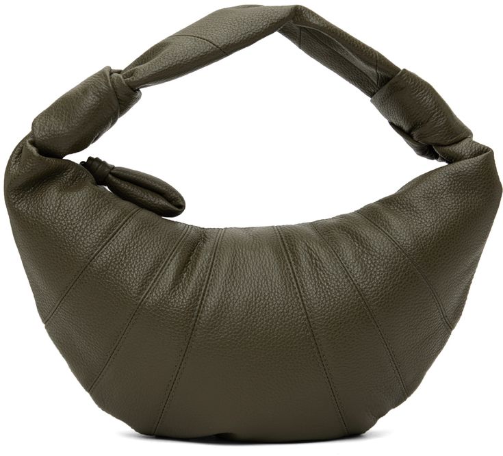 Paneled grained leather shoulder bag in green. · Knotted detailing at shoulder strap · Zip closure · Patch pocket at interior · Canvas lining · H7.5 x W12 x D1.5 · Total height: H11 Supplier color: Dark moss Green Top Handle Shoulder Bag With Leather Lining, Modern Green Shoulder Bag With Leather Lining, Luxury Olive Leather Shoulder Bag, Green Textured Leather Shoulder Bag With Top Handle, Green Textured Leather Top Handle Shoulder Bag, Green Leather Hobo Bag With Gold-tone Hardware, Green Leather-lined Shoulder Bag For Office, Green Leather Lined Shoulder Bag For Office, Luxury Green Soft Leather Hobo Bag