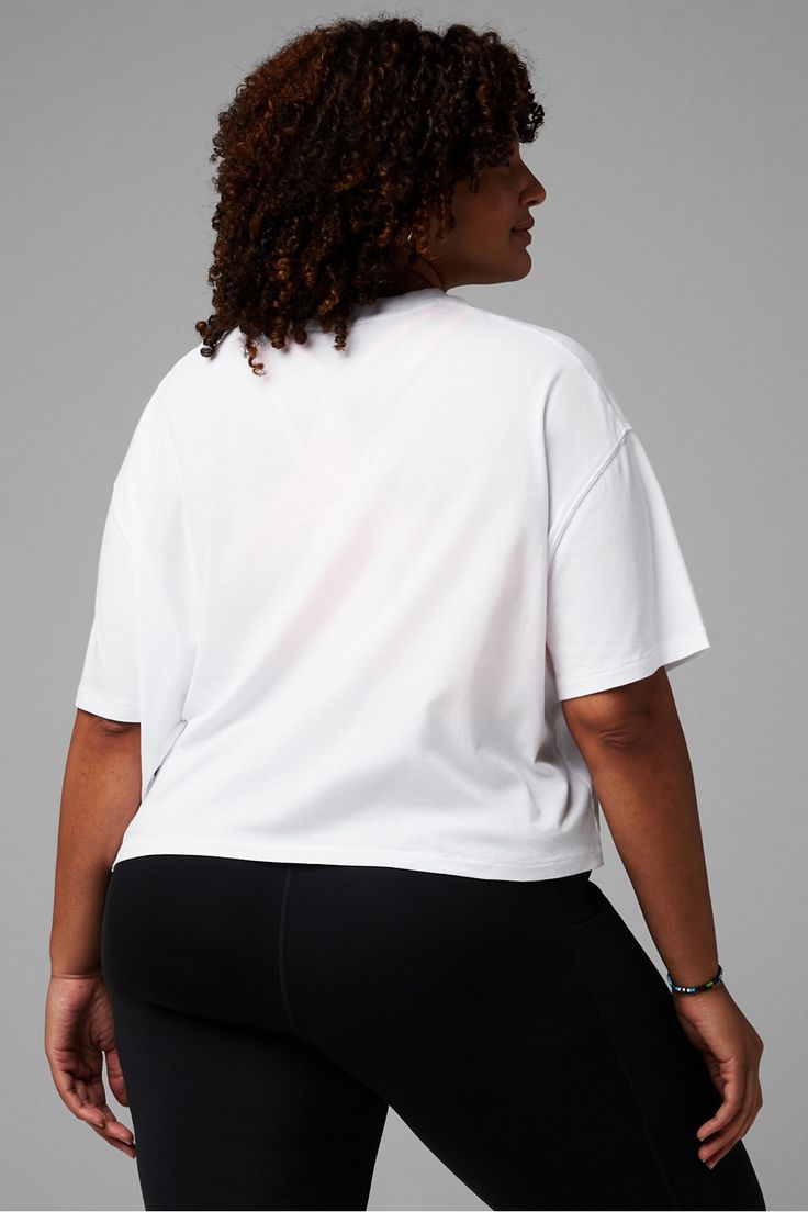 100% Cotton Boxy Tee Fabletics white female Activewear >> Womens >> Tops >> Short Sleeve T-Shirts >> Short-Sleeve Top plus Everyday White Cropped T-shirt For Workout, Trendy White Cropped T-shirt For Loungewear, Oversized Crew Neck Workout Tops, White Relaxed Fit Graphic Cropped T-shirt, Oversized Casual Workout Top, Boxy Fit Crew Neck Sports Top, White Loose Fit Activewear For Loungewear, Sporty Boxy Fit Tops For Sports, White Cropped Short Sleeve T-shirt For Workout