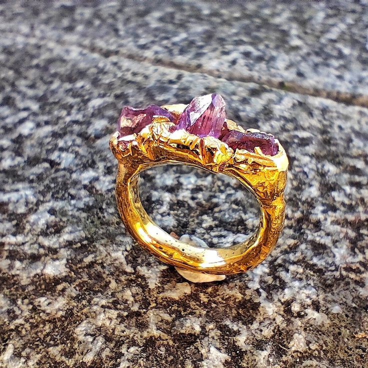 Amethyst ring, made with solid brass and gold filled with 3 micron of 24 k gold. Made using sand cast technique, getting a unique piece. After cast, we set amethyst points.  Al rings are made one by one, and this IS a unique piece. Shipped by DHL express. Gold Amethyst Open Ring In 14k Gold, Gold Amethyst Open Ring In 14k, Heirloom Gold Amethyst Promise Ring, Unique Yellow Gold Ruby Ring, Gold Amethyst Open Ring For Promise, Gold Amethyst Open Promise Ring, Unique Gold Ruby Ring For Gift, Luxury Gold Amethyst Ring Gift, Luxury Gold Amethyst Promise Ring