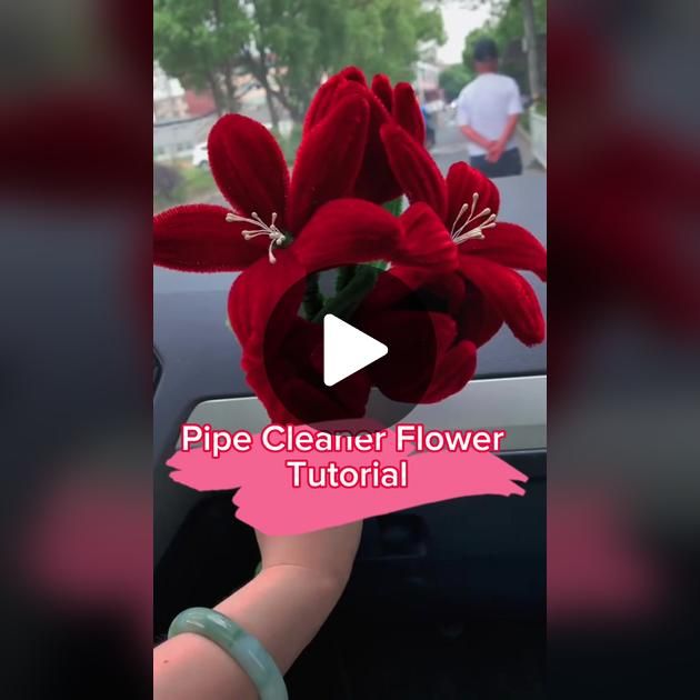 a hand holding a red flower with the words pipe cleaner flower on it