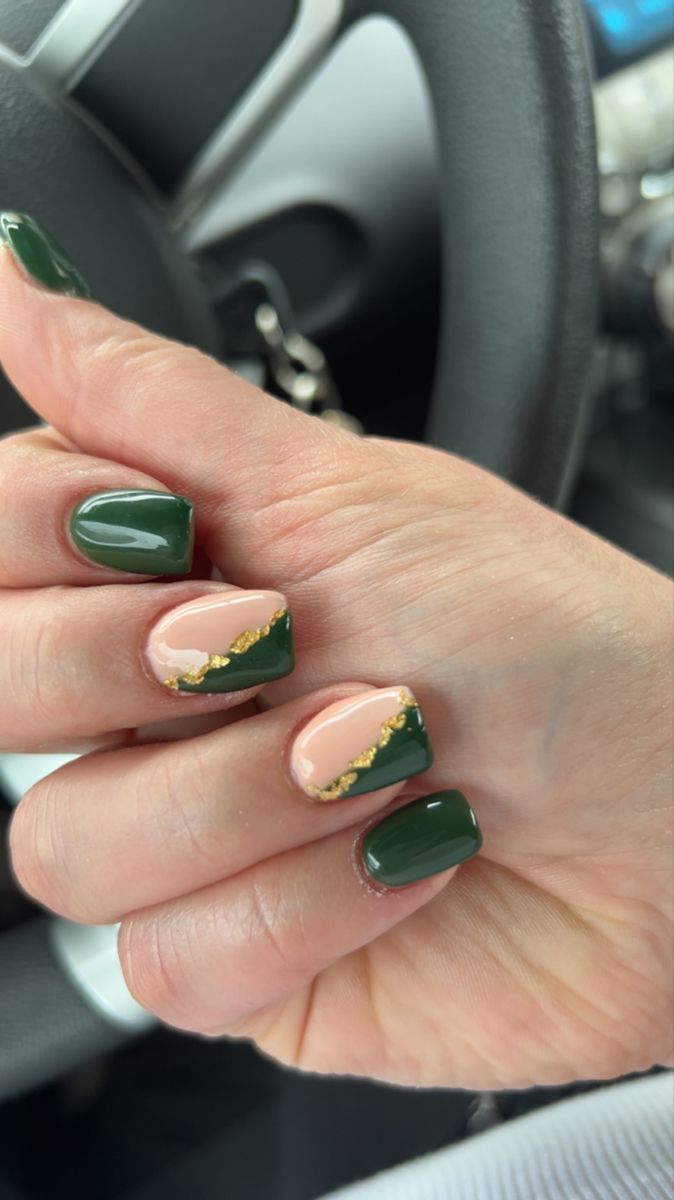 Simple Nails To Go With Emerald Green Dress, Army Green Nails With Gold Flakes, Evergreen And Gold Nails, Green And Gold Pedicure Ideas, Forest Green Nails Acrylic Short, Khaki And Gold Nails, Green And Gold Short Nails, Matte Green Nails With Gold, Dark Green Nails With Design